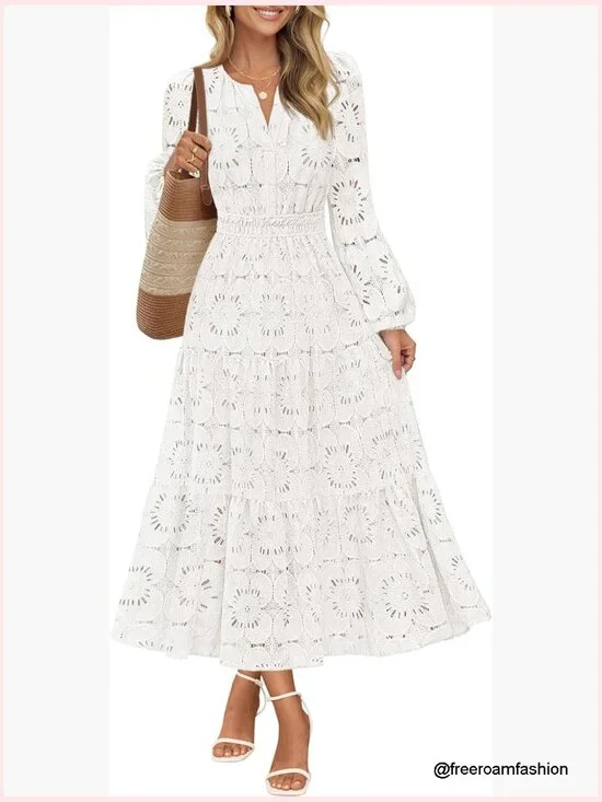 Long Sleeve Floral Maxi Dress with Pockets, Lace Eyelet Boho Formal - Picture 1 of 7